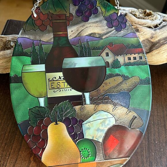 Vintage Joan Baker Hand Painted Glass Suncatcher Wine & Cheese - Picture 4 of 7